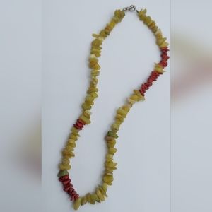 Olive Opal and Coral Nugget Silver Strung Choker Necklace